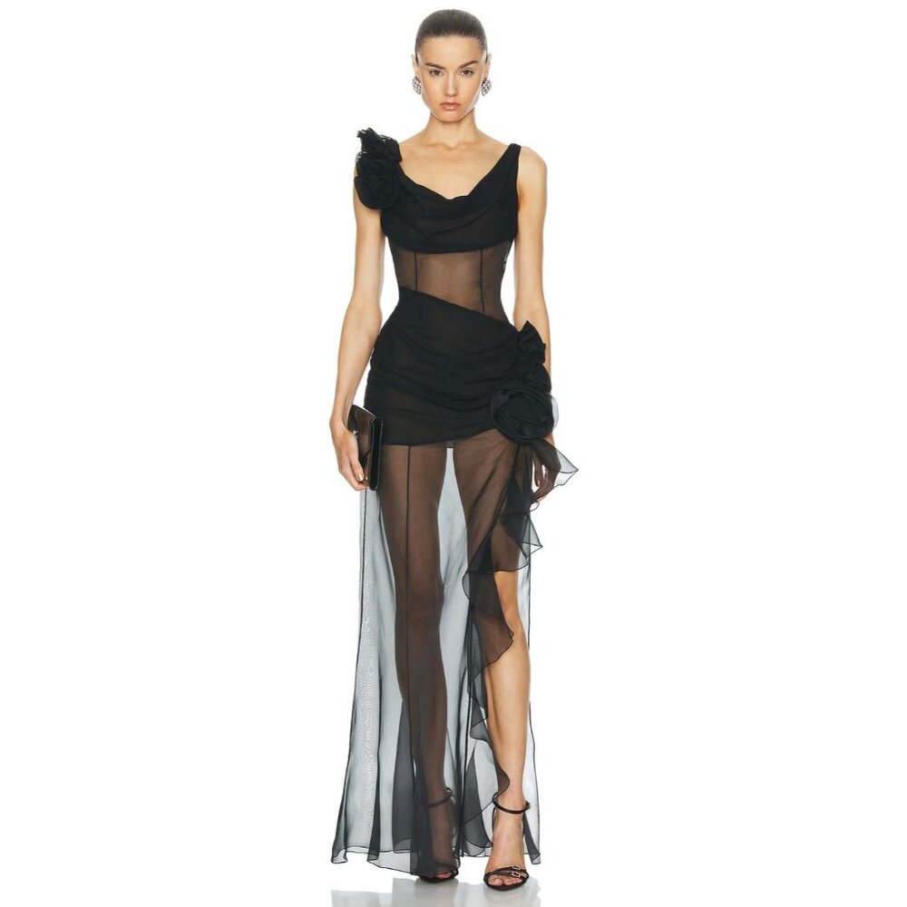 Alessandra Rich Evening Dress With Volant in Black